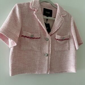 Maje Pink Crop Top with Notched Lapel and Textured Fabric